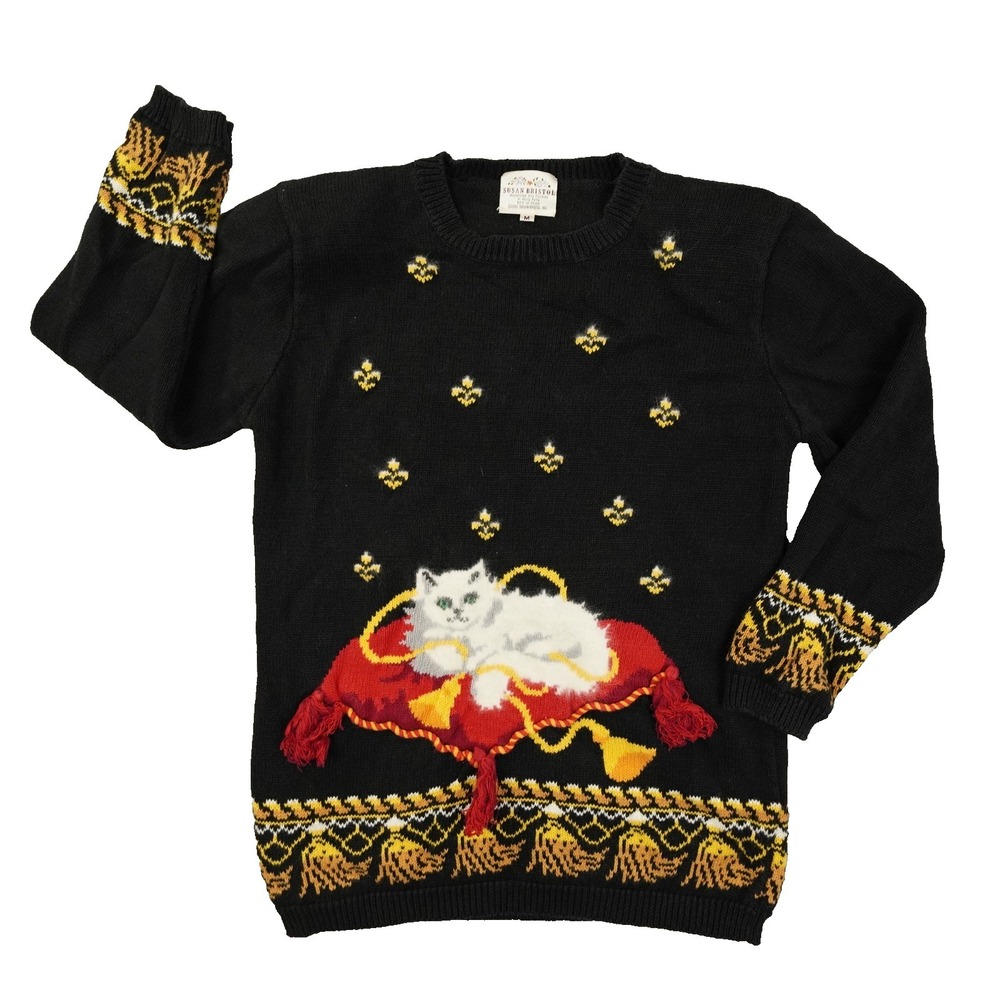 Susan Bristol Cat Sweater Vintage Tassled Women's Medium Black Grandma Teacher
